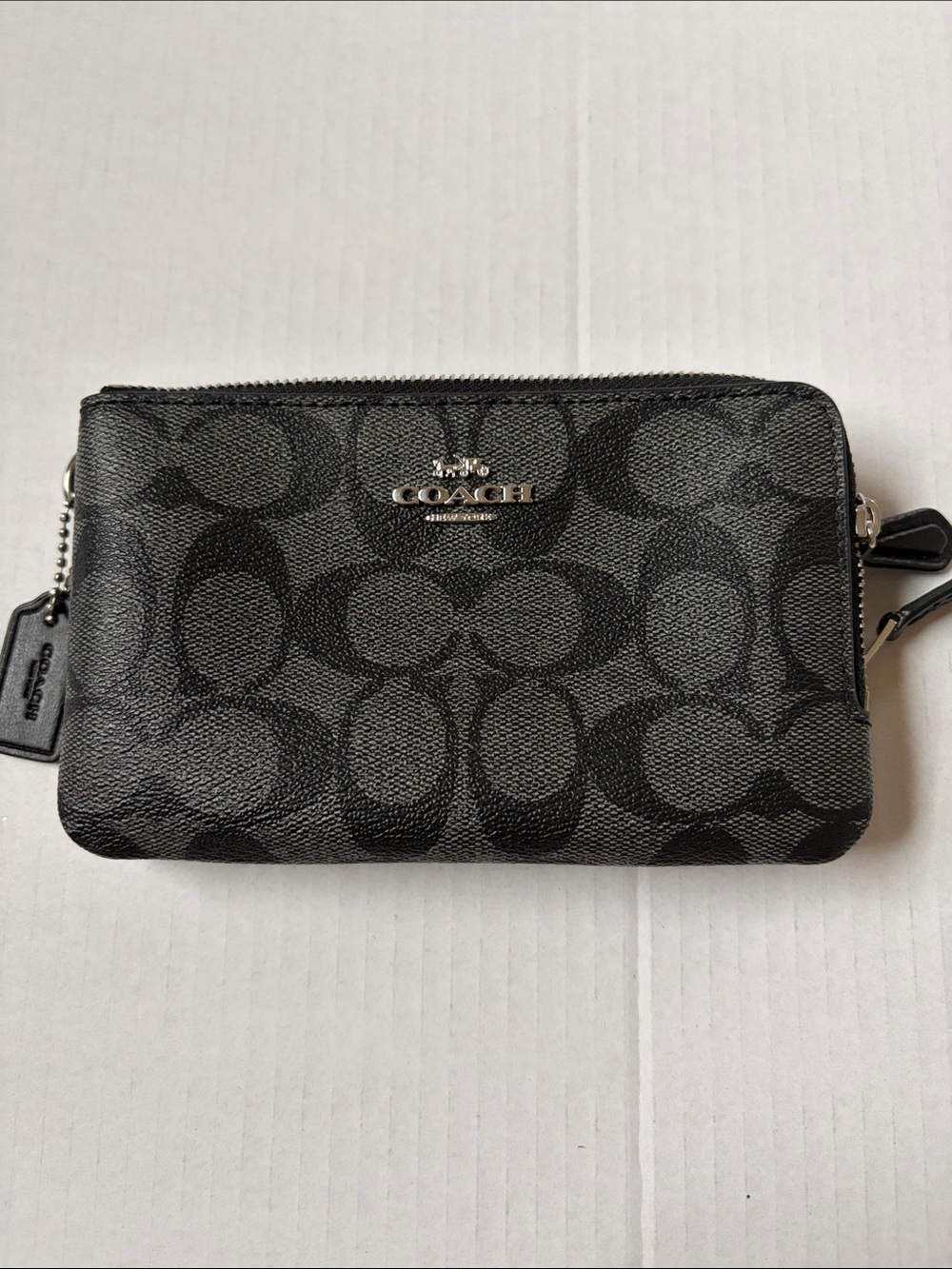 Coach Black Signature Zip Wallet with Metal Logo